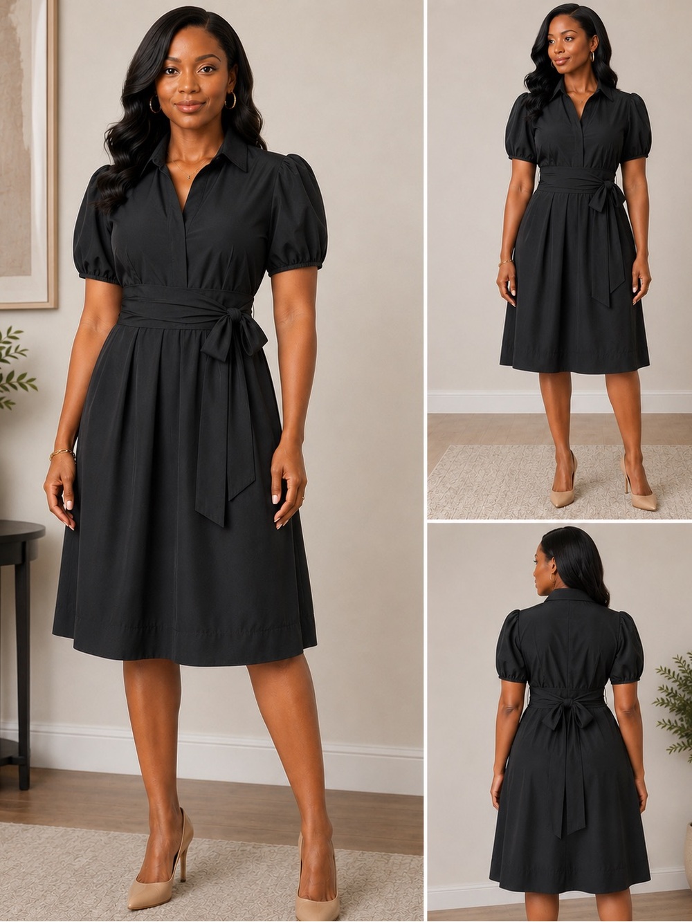 AGB |Black |Puff-Sleeve Midi Dress with Waist Tie |Size 14